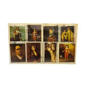Vintage Goya Painting Stamps from Panama 8 Piece Set on Cardboard Used 6 X 3.5
